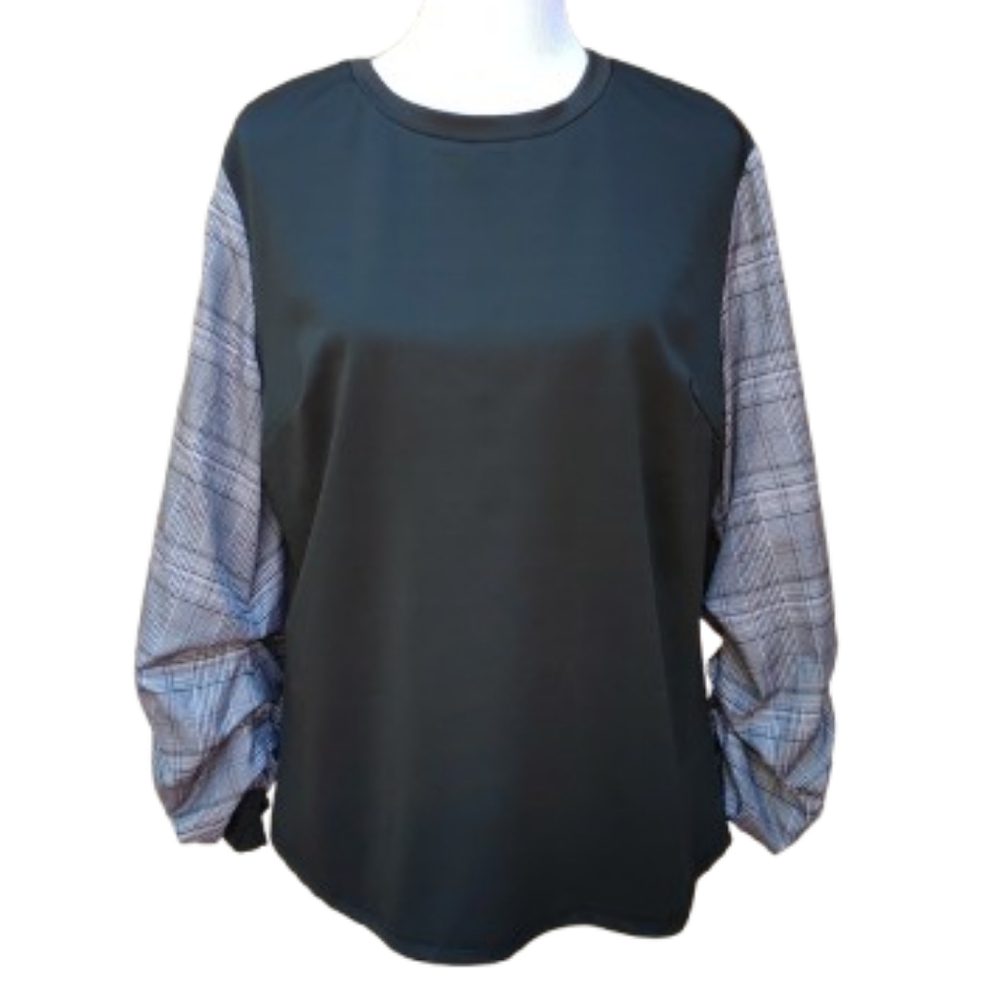 SHEIN Black Blouse Gray Plaid Ruched Sleeves Stretchy Crewneck Professional